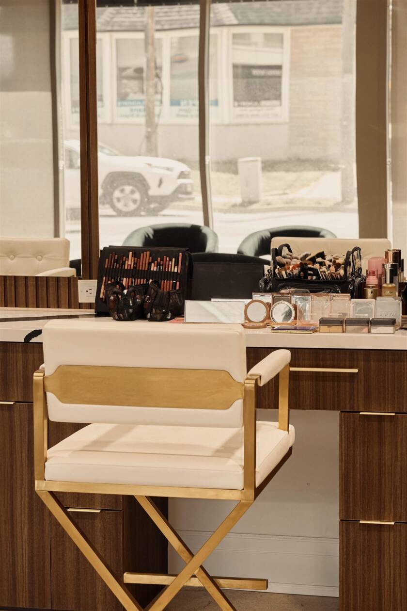 Makeup station with professional products by the window