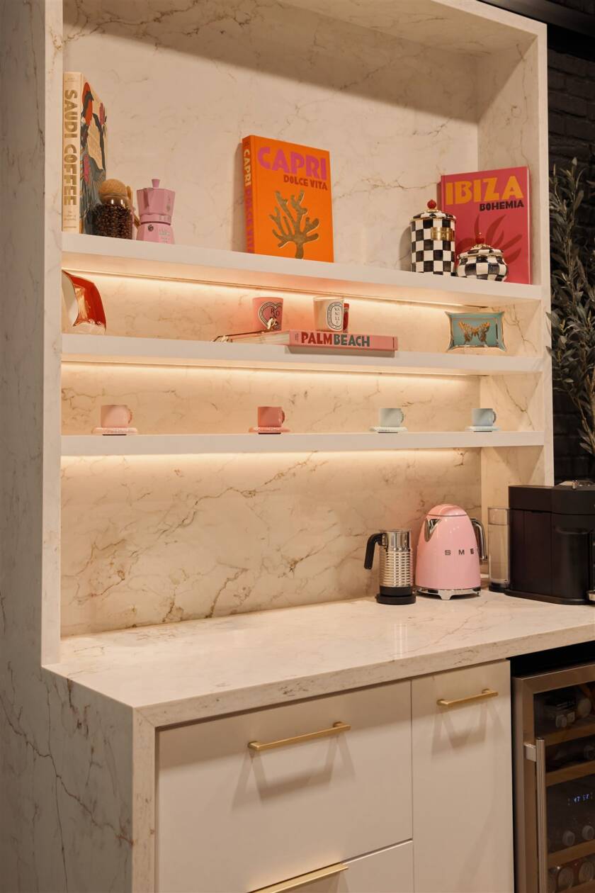 Coffee bar shelving with books and accents